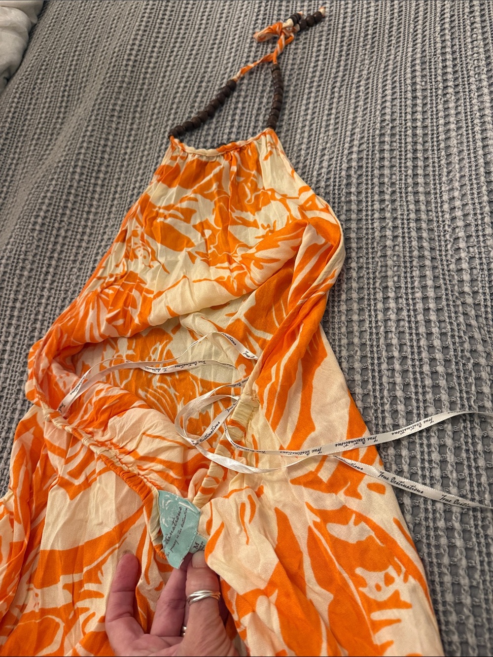 Free destinations Orange and Cream Halter Maxi Dress with wooden bead detail